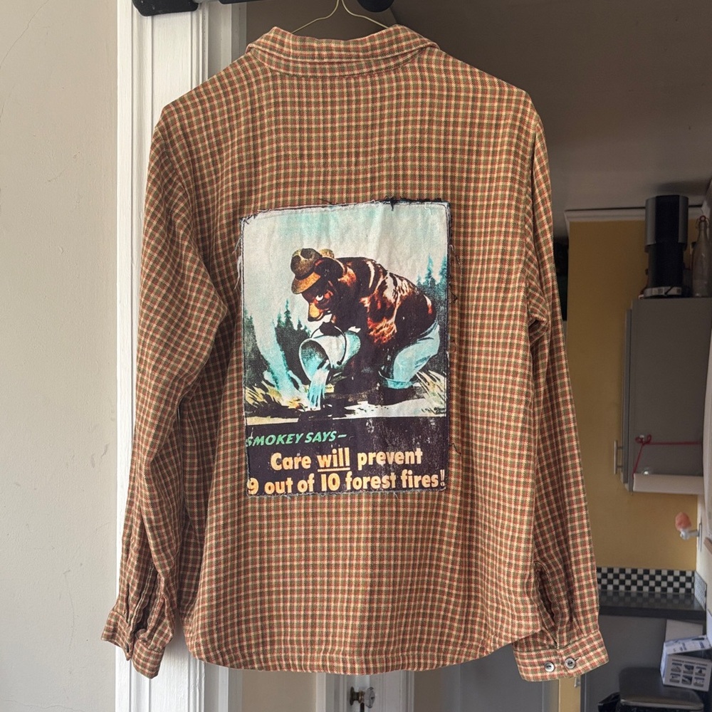 Woolrich Brown Plaid Button-Down Shirt with Smokey Bear Back Patch
